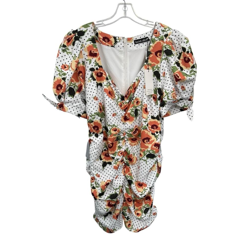 NWT Lavish Alice Dress Floral Dot Ruched White Floral Spot Flower Size 20